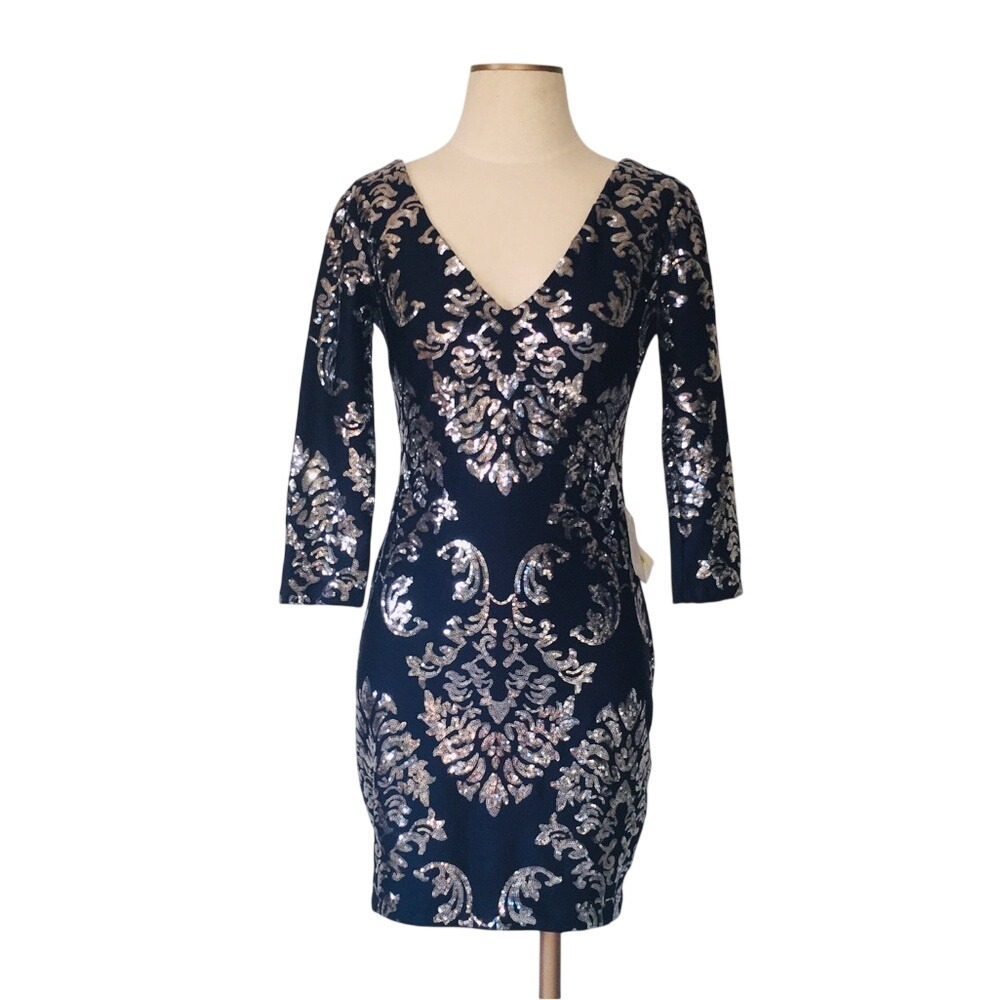 B. Darlin Navy‎ Silver Sequin Damask V-Neck Bodycon Dress Q8RKJ226 Mens 5/6